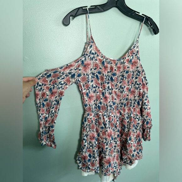 ASTR the Label Cold Shoulder Pink Blue Floral Boho Summer Romper SZ S - Picture 8 of 8